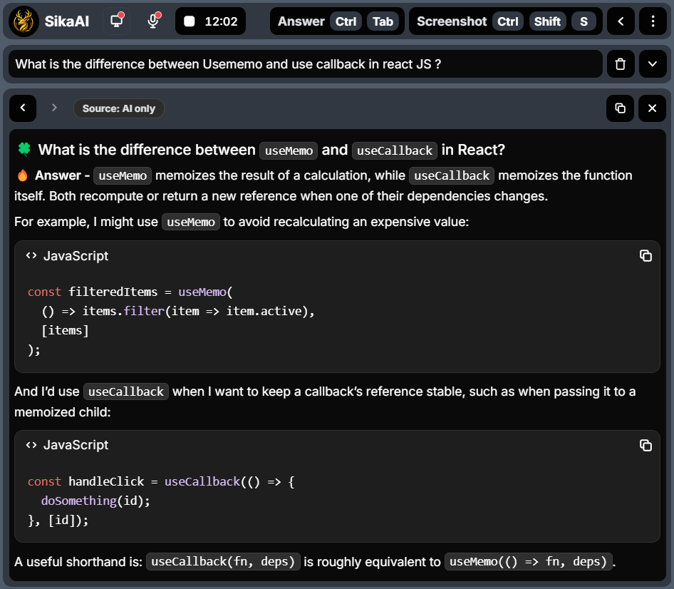 SikaAI desktop app showing a live interview answer