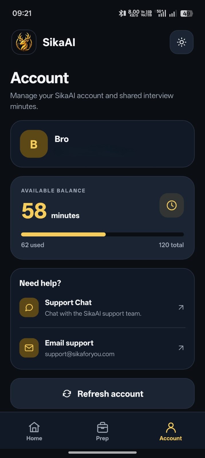 SikaAI Android account and available balance screen