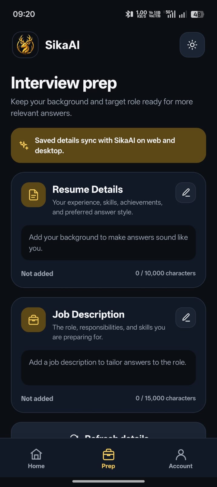 SikaAI Android interview preparation screen